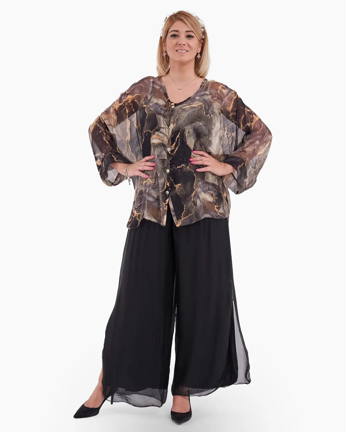 Bluze din Vâscoză - Bluza tip camasa,eleganta, din matase si vascoza cu nasturei si imprimeu negru si bej
