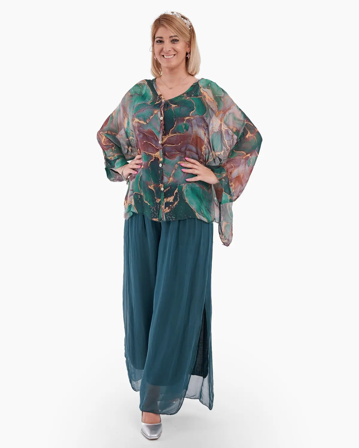 Bluza tip camasa,eleganta, din matase si vascoza cu nasturei si imprimeu verde si violet [1]