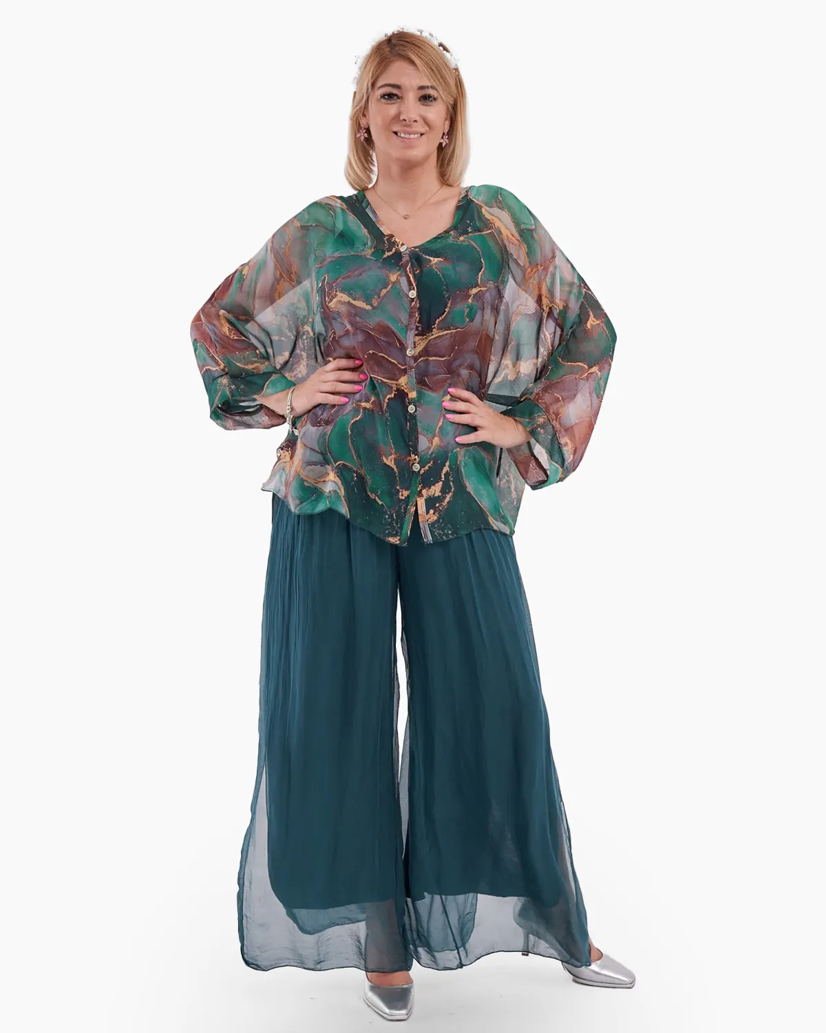 Bluze din Vâscoză - Bluza tip camasa,eleganta, din matase si vascoza cu nasturei si imprimeu verde si violet