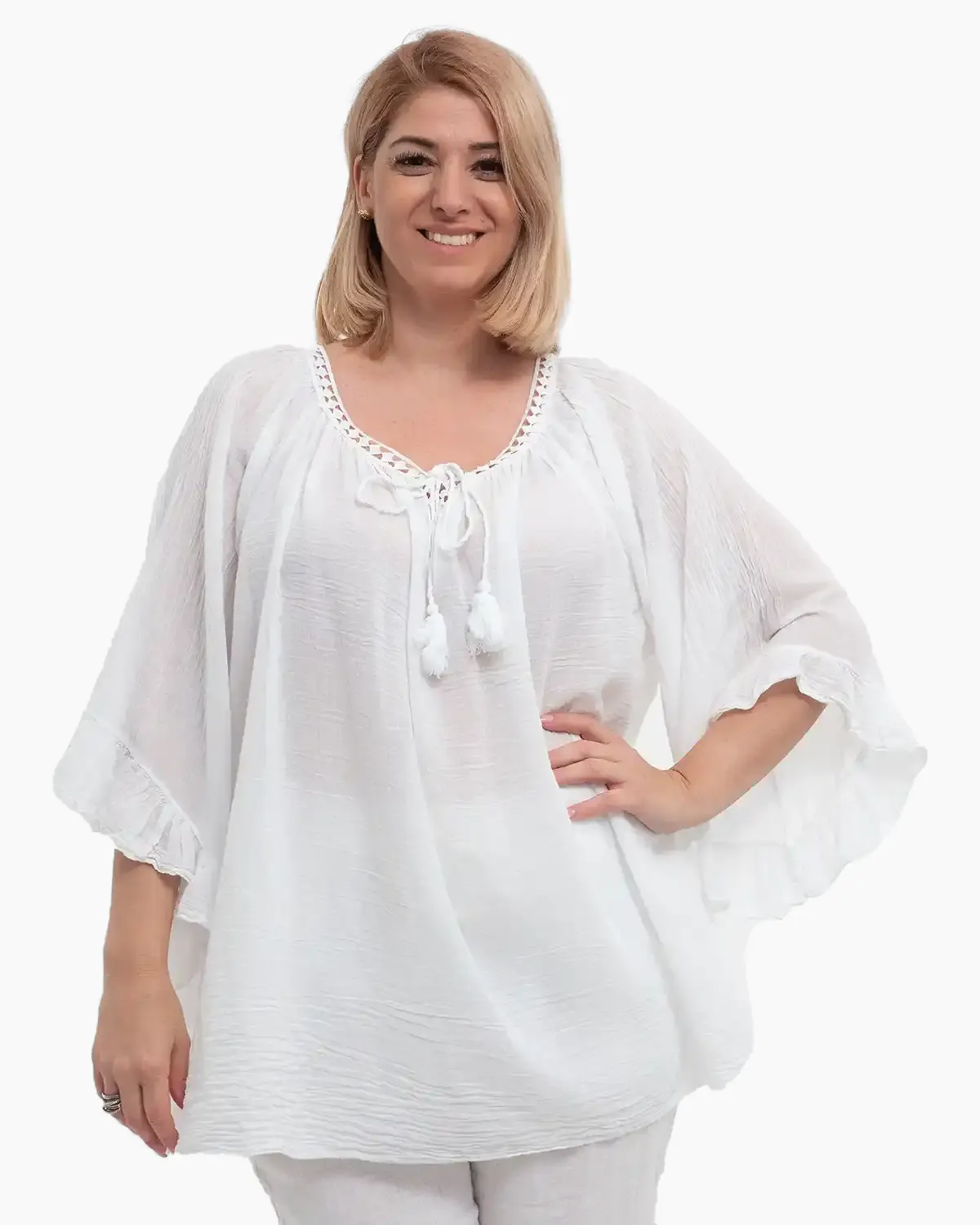 Bluze din Bumbac - Bluză tip ie albă oversize cu ciucuri și volane