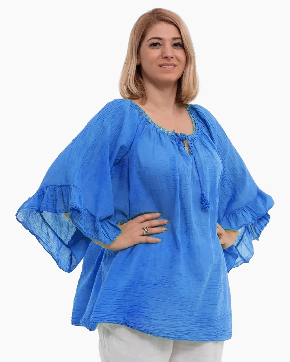 Bluză tip ie albastră oversize cu ciucuri și volane [3]