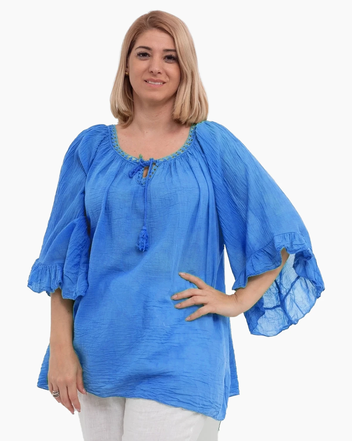 Bluze din Bumbac - Bluză tip ie albastră oversize cu ciucuri și volane