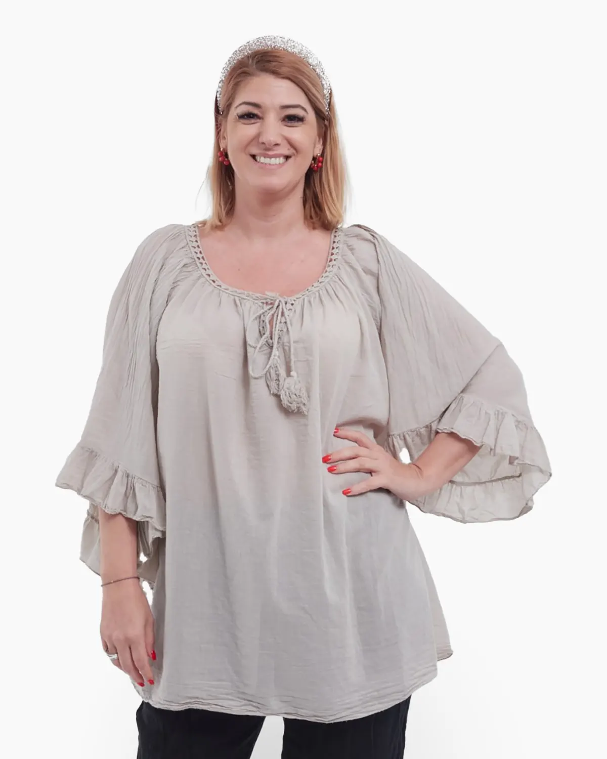 Bluze din Bumbac - Bluză tip ie bej oversize cu ciucuri și volane