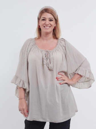 Bluze din Bumbac - Bluză tip ie bej oversize cu ciucuri și volane