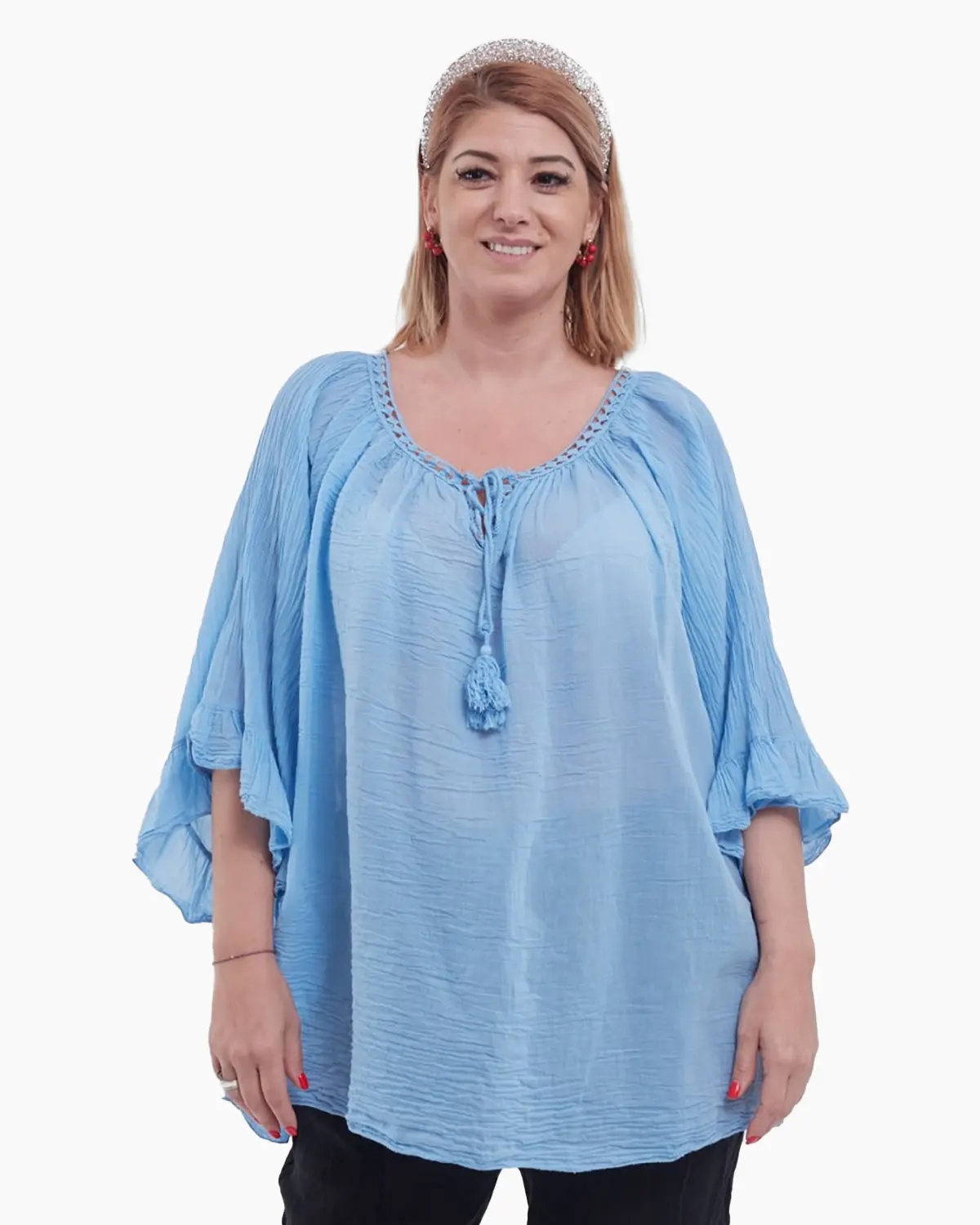 Bluză tip ie bleu oversize cu ciucuri și volane [1]