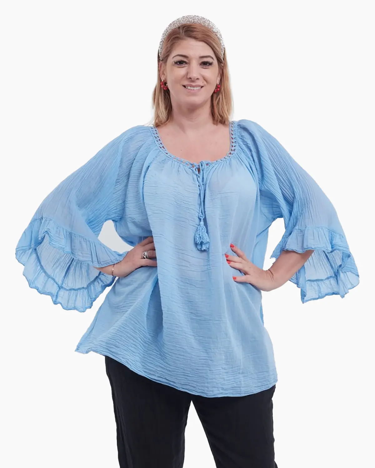 Bluze din Bumbac - Bluză tip ie bleu oversize cu ciucuri și volane