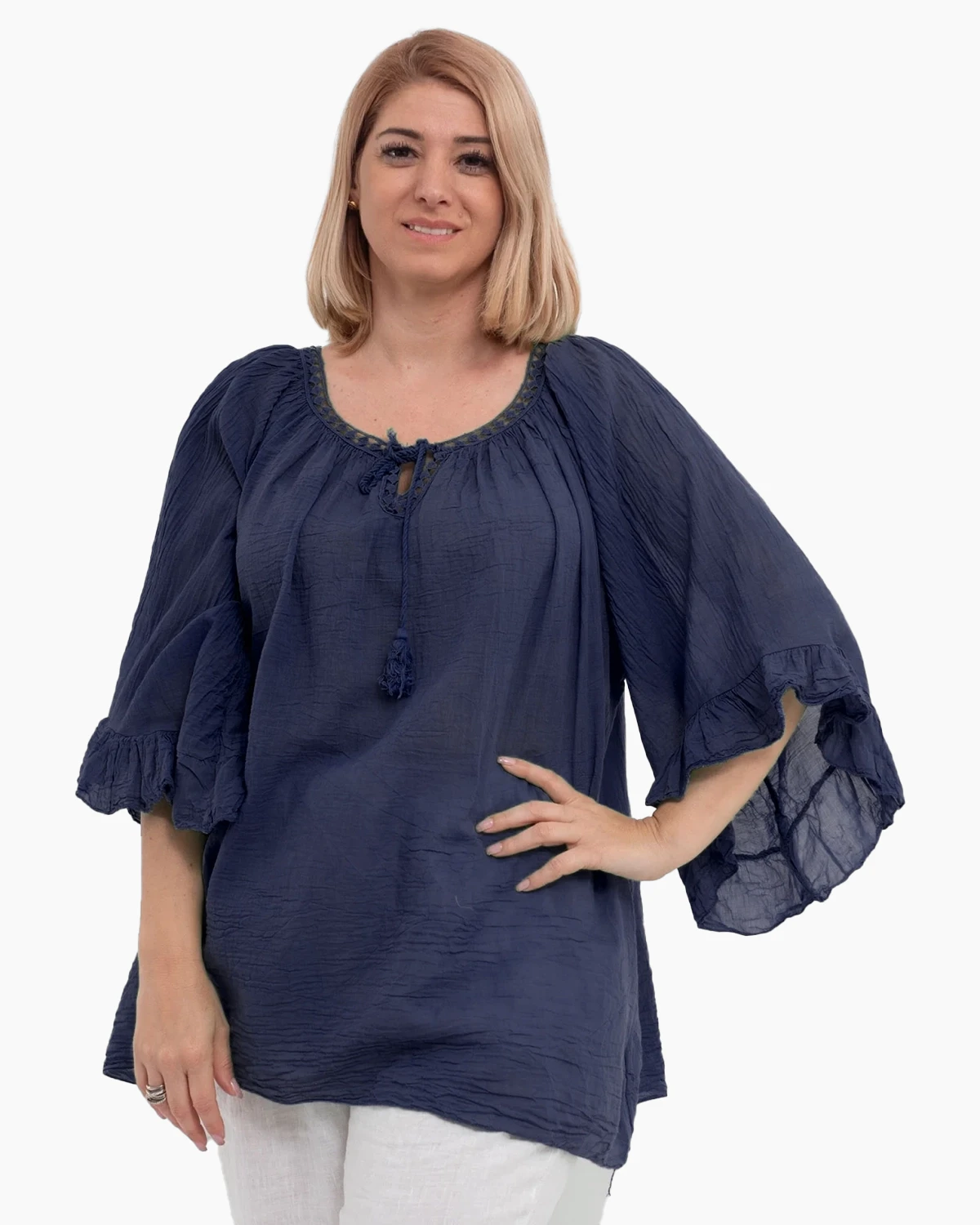 Bluze din Bumbac - Bluză tip ie bleumarin oversize cu ciucuri și volane