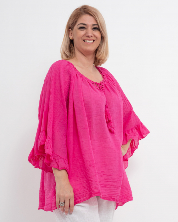 Bluze din Bumbac - Bluză tip ie ciclam oversize cu ciucuri și volane