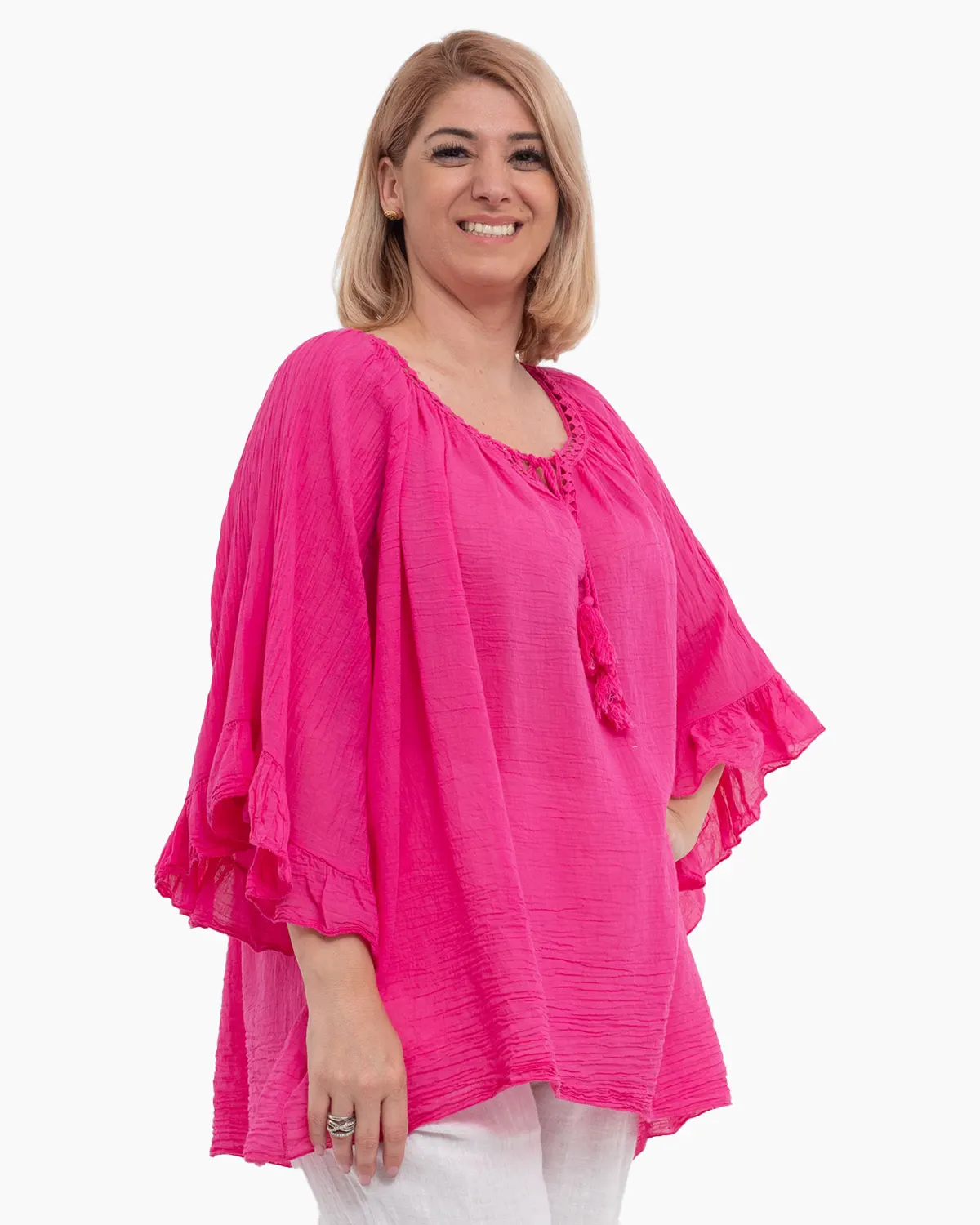 Bluze din Bumbac - Bluză tip ie ciclam oversize cu ciucuri și volane