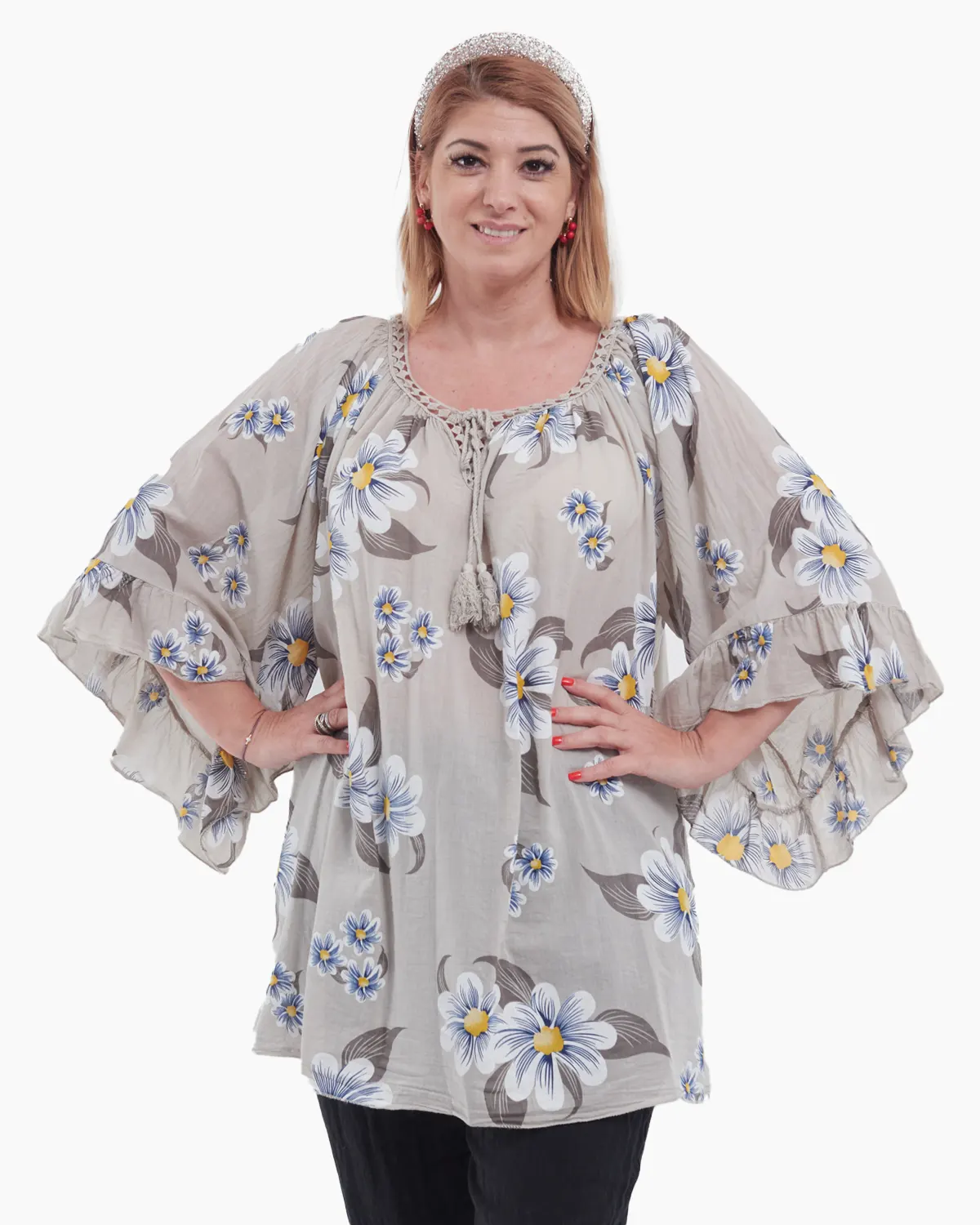 Bluze din Bumbac - Bluză Tip Ie cu Imprimeu Floral – Bej