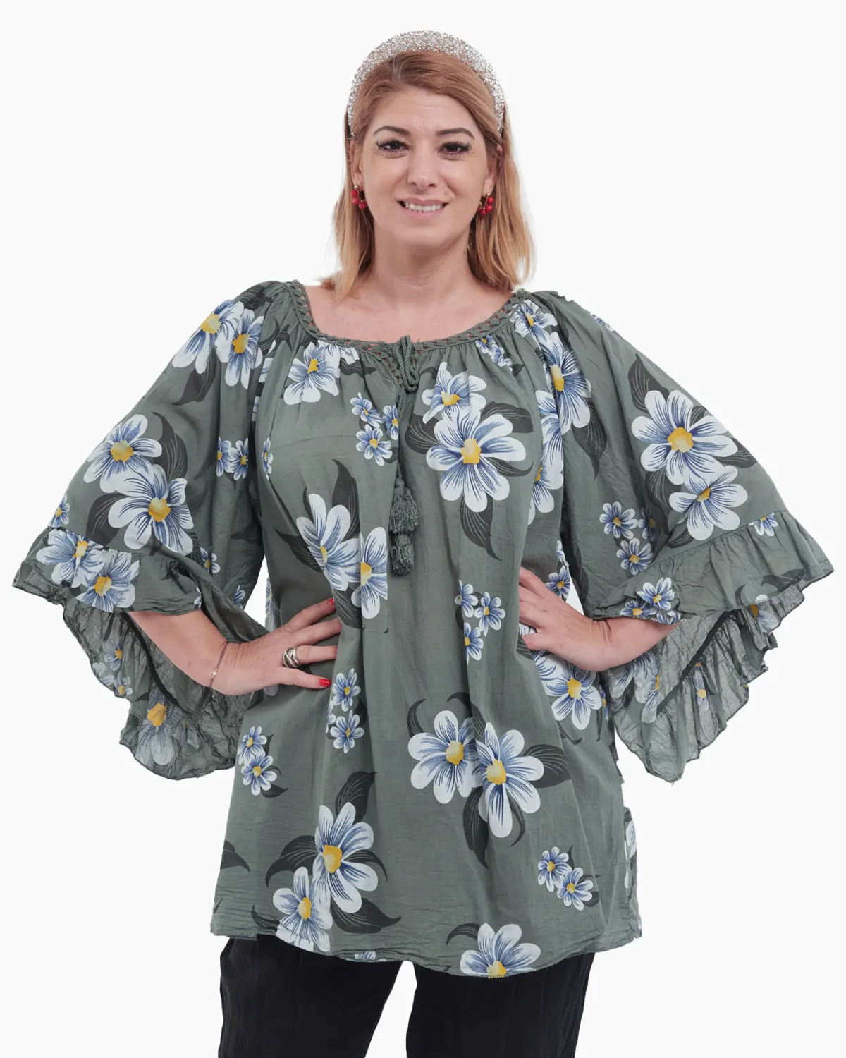 Bluze din Bumbac - Bluză Tip Ie cu Imprimeu Floral –Kaki