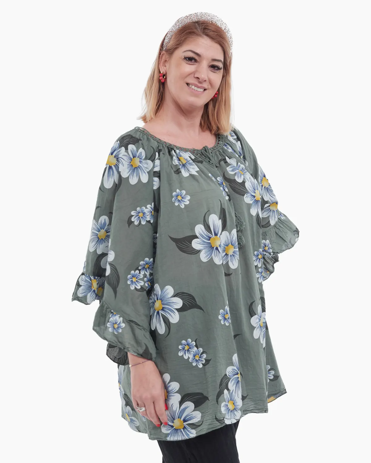 Bluză Tip Ie cu Imprimeu Floral –Kaki [1]