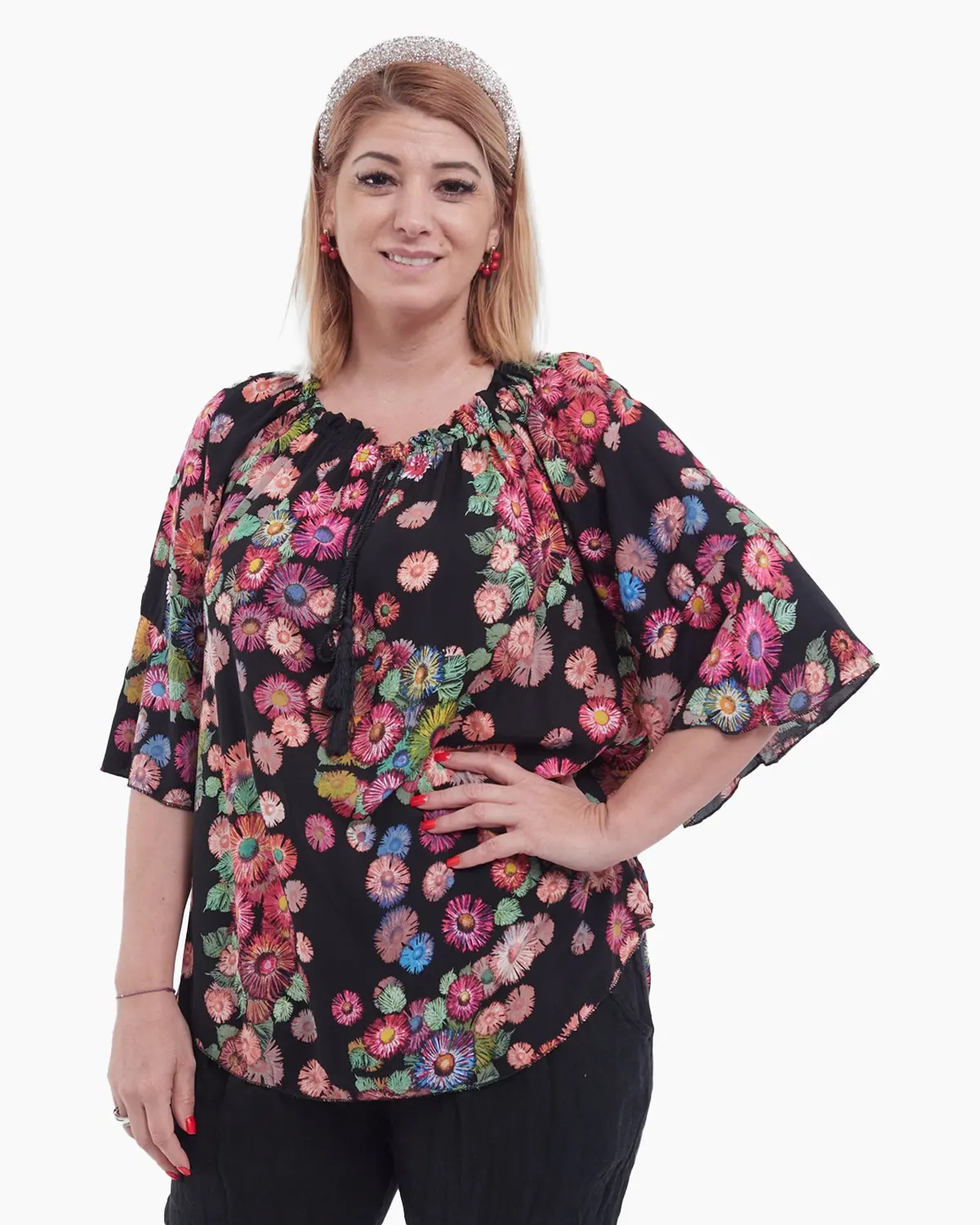 Bluze din Bumbac - Bluză tip ie din bumbac vaporoasă cu imprimeu floral negru