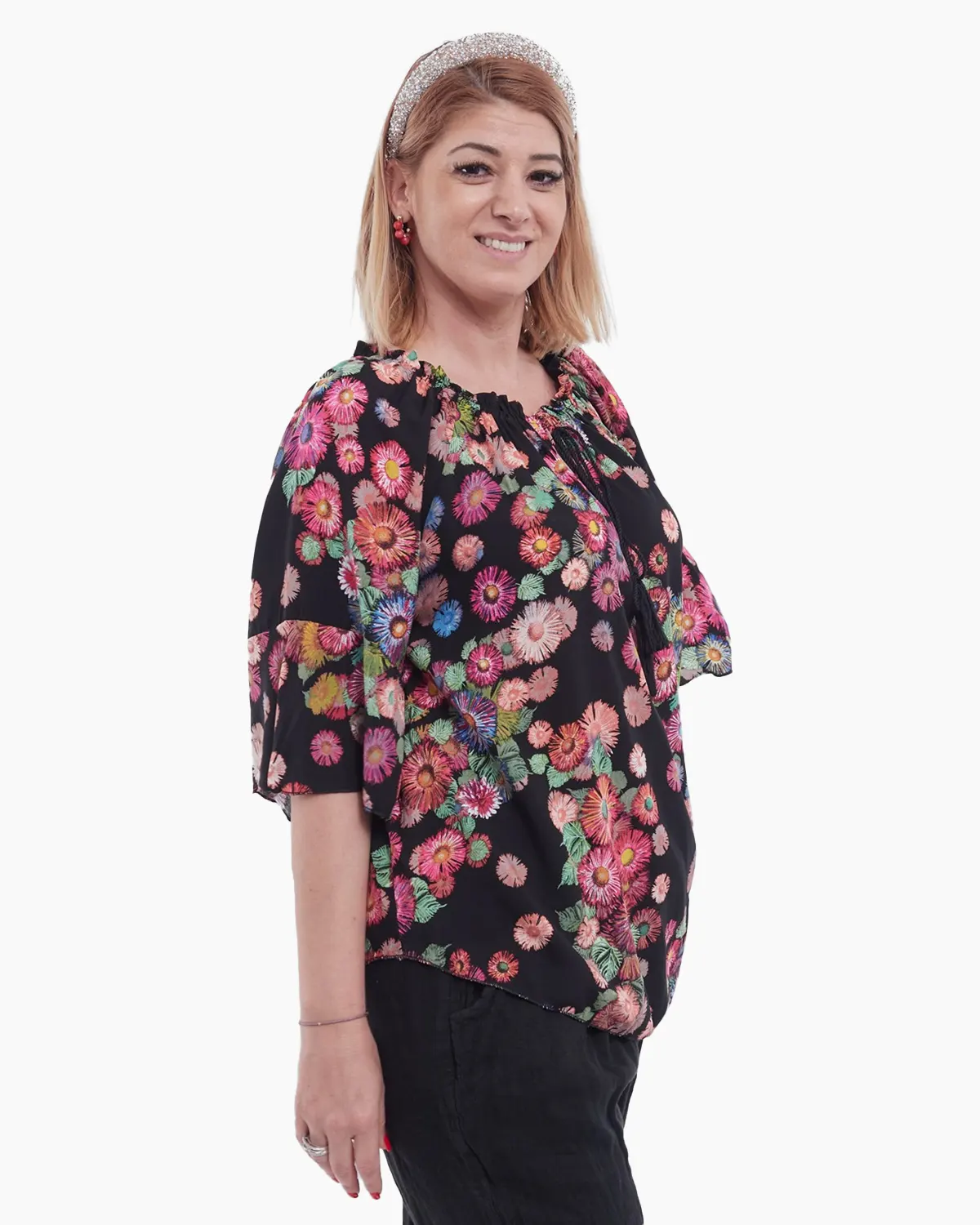 Bluză tip ie din bumbac vaporoasă cu imprimeu floral negru [2]