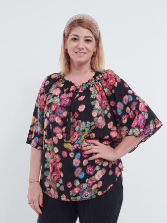 Bluze din Bumbac - Bluză tip ie din bumbac vaporoasă cu imprimeu floral negru
