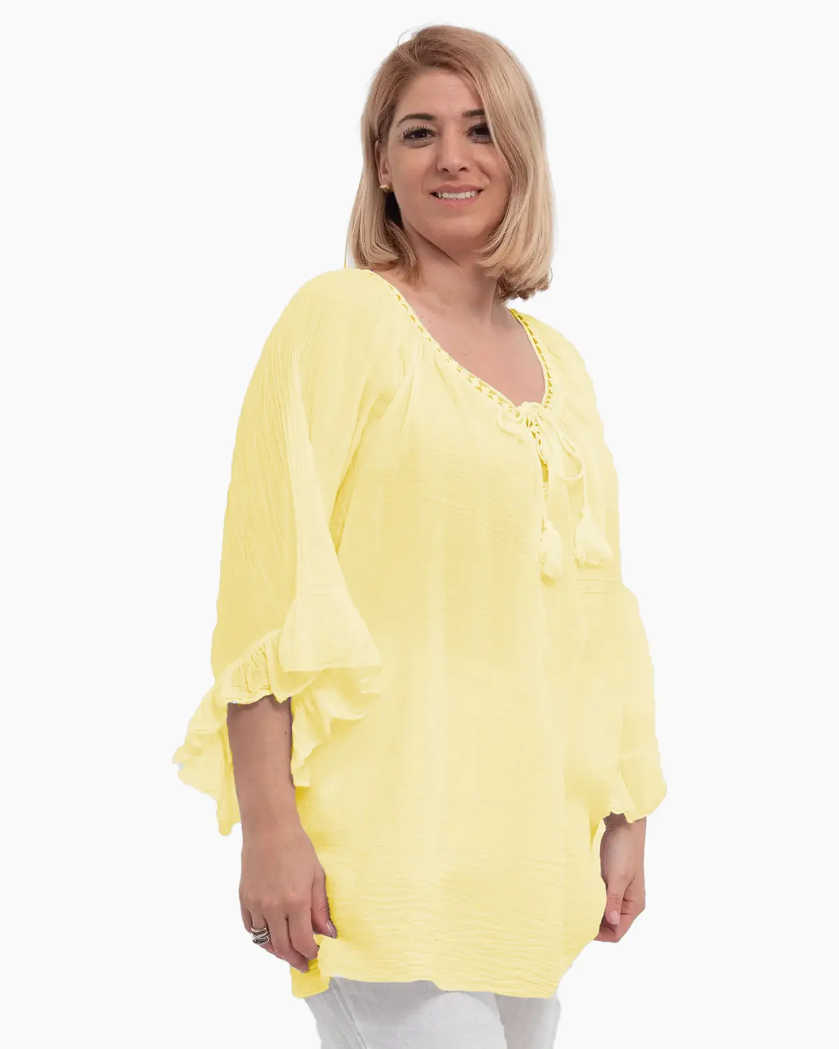 Bluză tip ie galbena oversize cu ciucuri și volane [1]