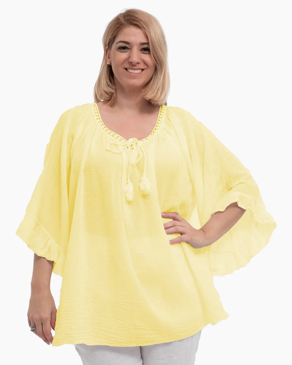 Bluze din Bumbac - Bluză tip ie galbena oversize cu ciucuri și volane