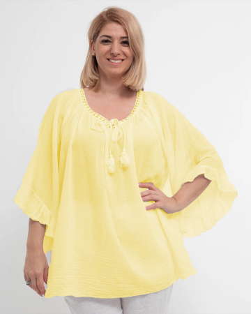 Bluze din Bumbac - Bluză tip ie galbena oversize cu ciucuri și volane