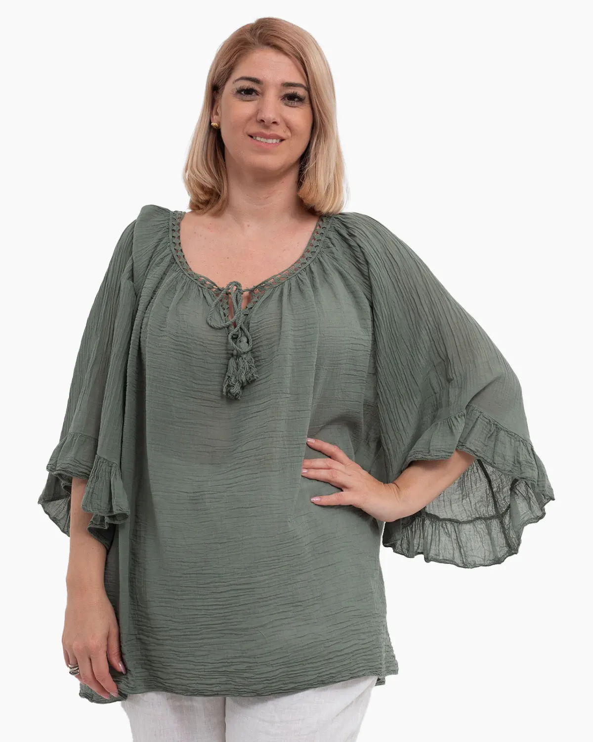 Bluze din Bumbac - Bluză tip ie kaki oversize cu ciucuri și volane