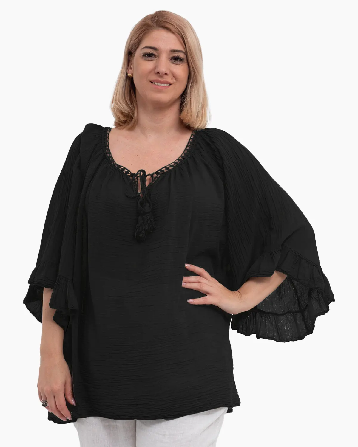 Bluze din Bumbac - Bluză tip ie neagră oversize cu ciucuri și volane
