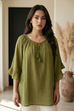 Bluze Casual - Bluză tip ie verde deschis oversize cu ciucuri și volane