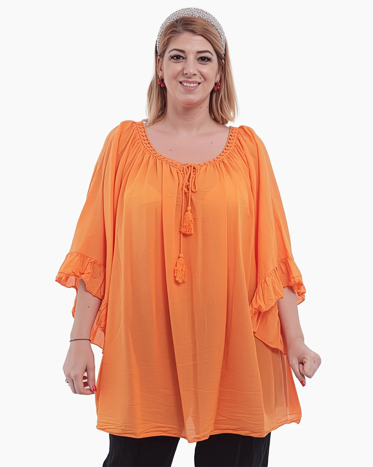 Bluze din Bumbac - Bluză tip ie portocalie oversize cu ciucuri și volane