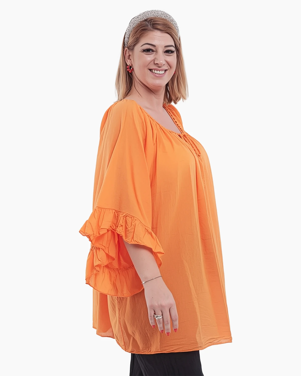 Bluză tip ie portocalie oversize cu ciucuri și volane [1]