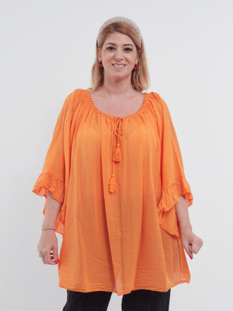 Bluze din Bumbac - Bluză tip ie portocalie oversize cu ciucuri și volane