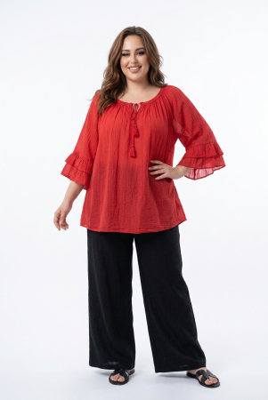Pantaloni din Vâscoză - Bluza tip ie roşie oversize cu ciucuri şi volane - MAGDY BELLEZZA PLUS-SIZE
