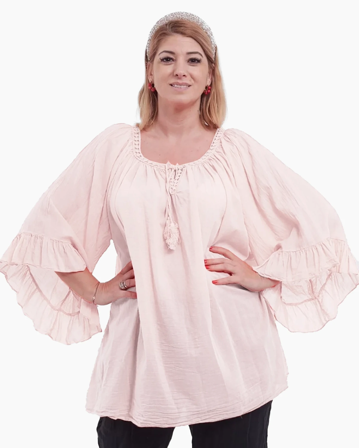 Bluze din Bumbac - Bluză tip ie roz pal oversize cu ciucuri și volane