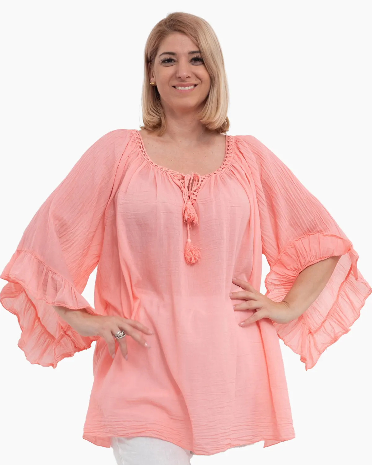 Bluze din Bumbac Mărimi Mari - Bluză tip ie roz piersică oversize cu ciucuri și volane