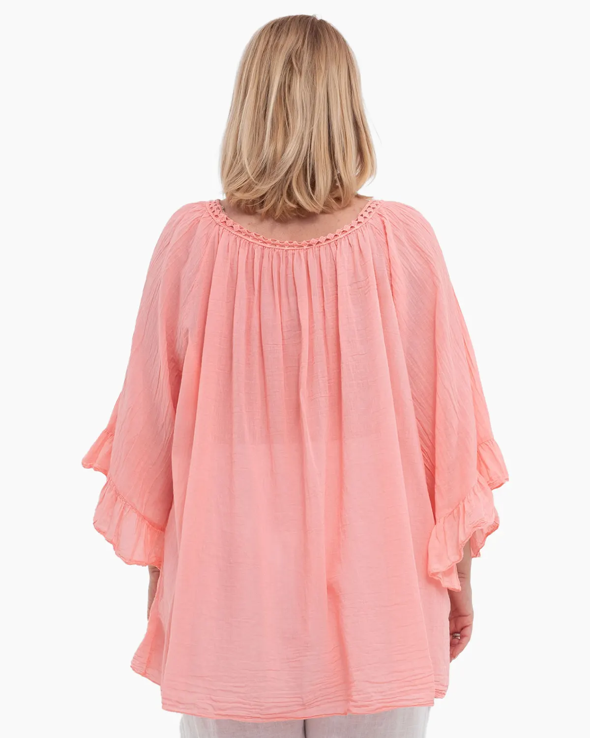 Bluză tip ie roz piersică oversize cu ciucuri și volane [1]