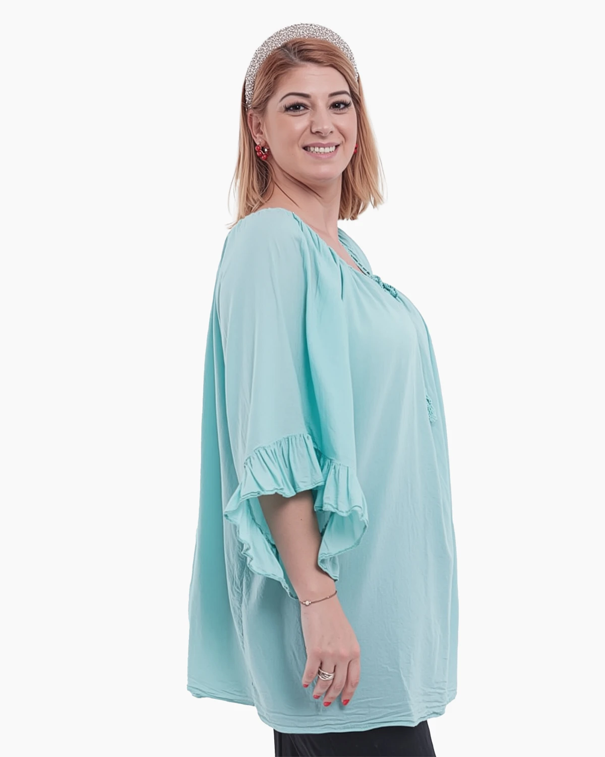 Bluză tip ie turcoaz oversize cu ciucuri și volane [1]