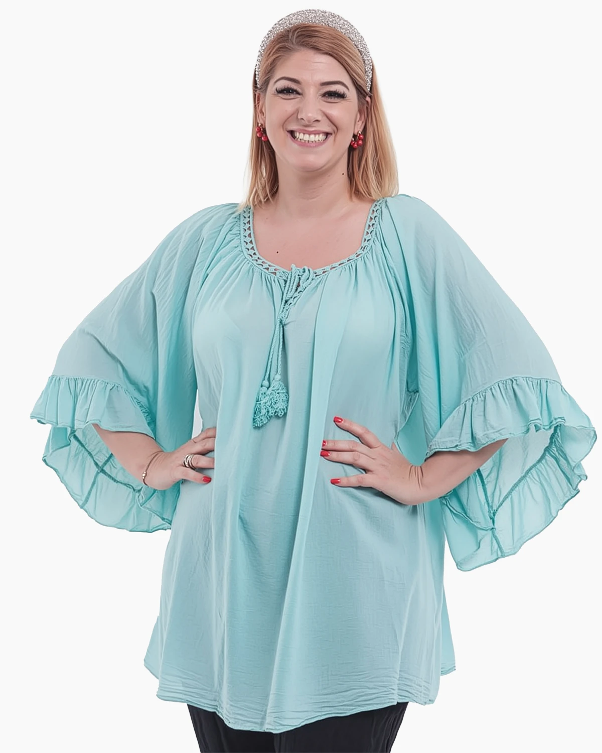 Bluze din Bumbac - Bluză tip ie turcoaz oversize cu ciucuri și volane