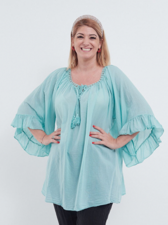 Bluze din Bumbac - Bluză tip ie turcoaz oversize cu ciucuri și volane