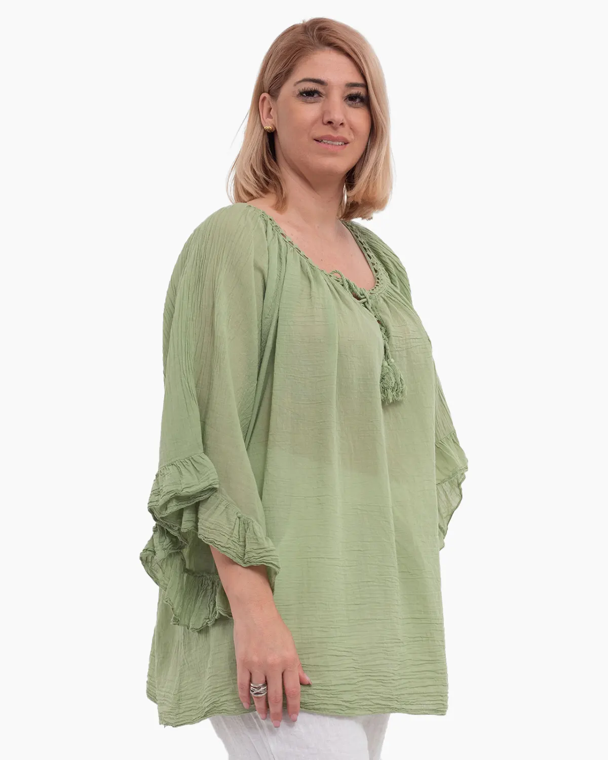 Bluză tip ie verde deschis oversize cu ciucuri și volane [3]