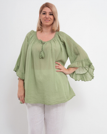 Bluze din Bumbac - Bluză tip ie verde deschis oversize cu ciucuri și volane