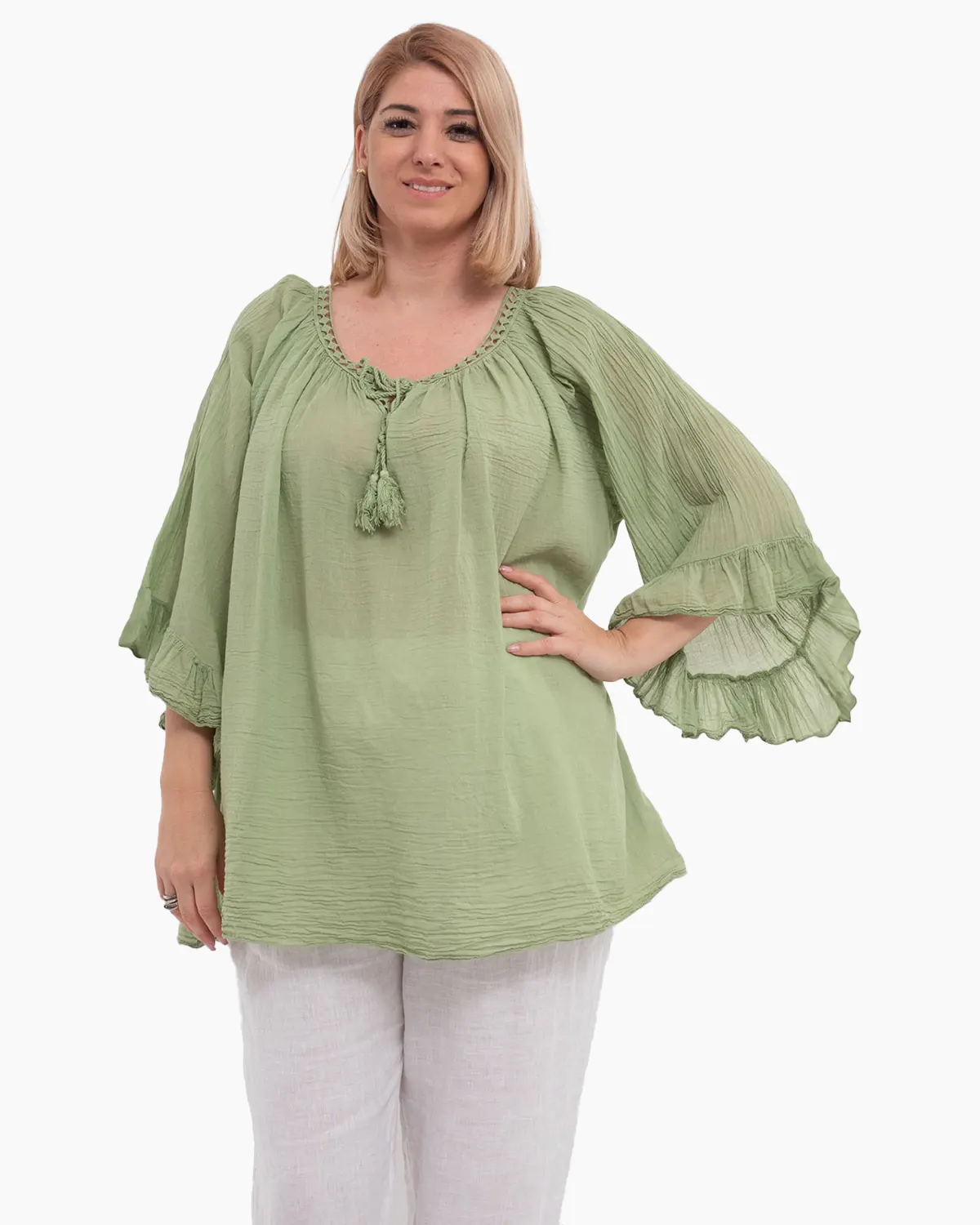 Bluze din Bumbac - Bluză tip ie verde deschis oversize cu ciucuri și volane