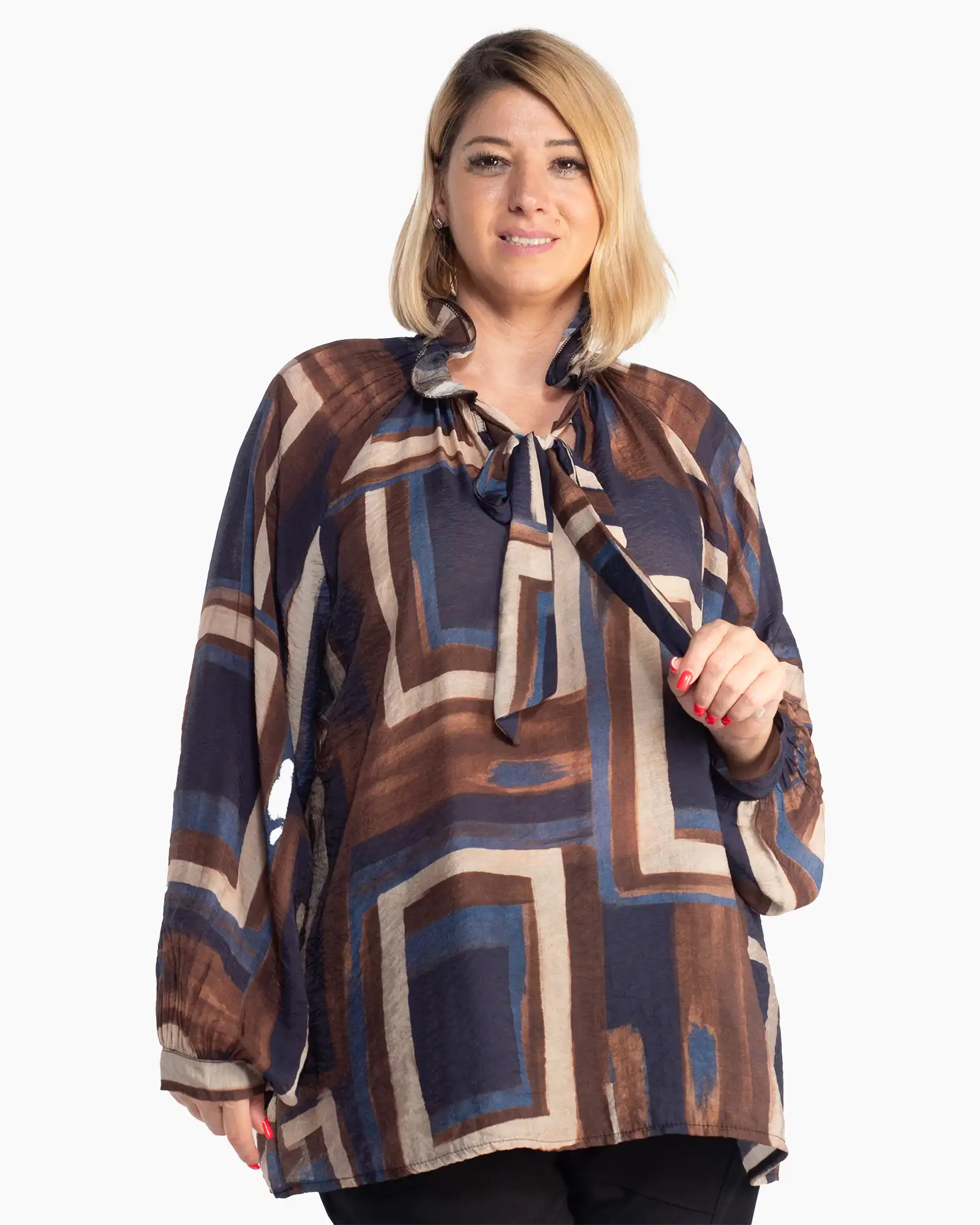 Produse noi - Bluză tunică bleumarin cu volane și imprimeu geometric boho