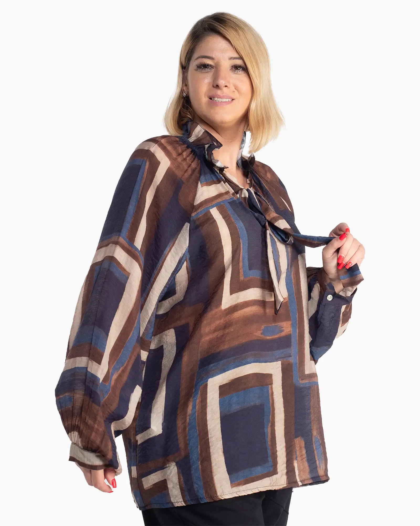 Bluză tunică bleumarin cu volane și imprimeu geometric boho [2]