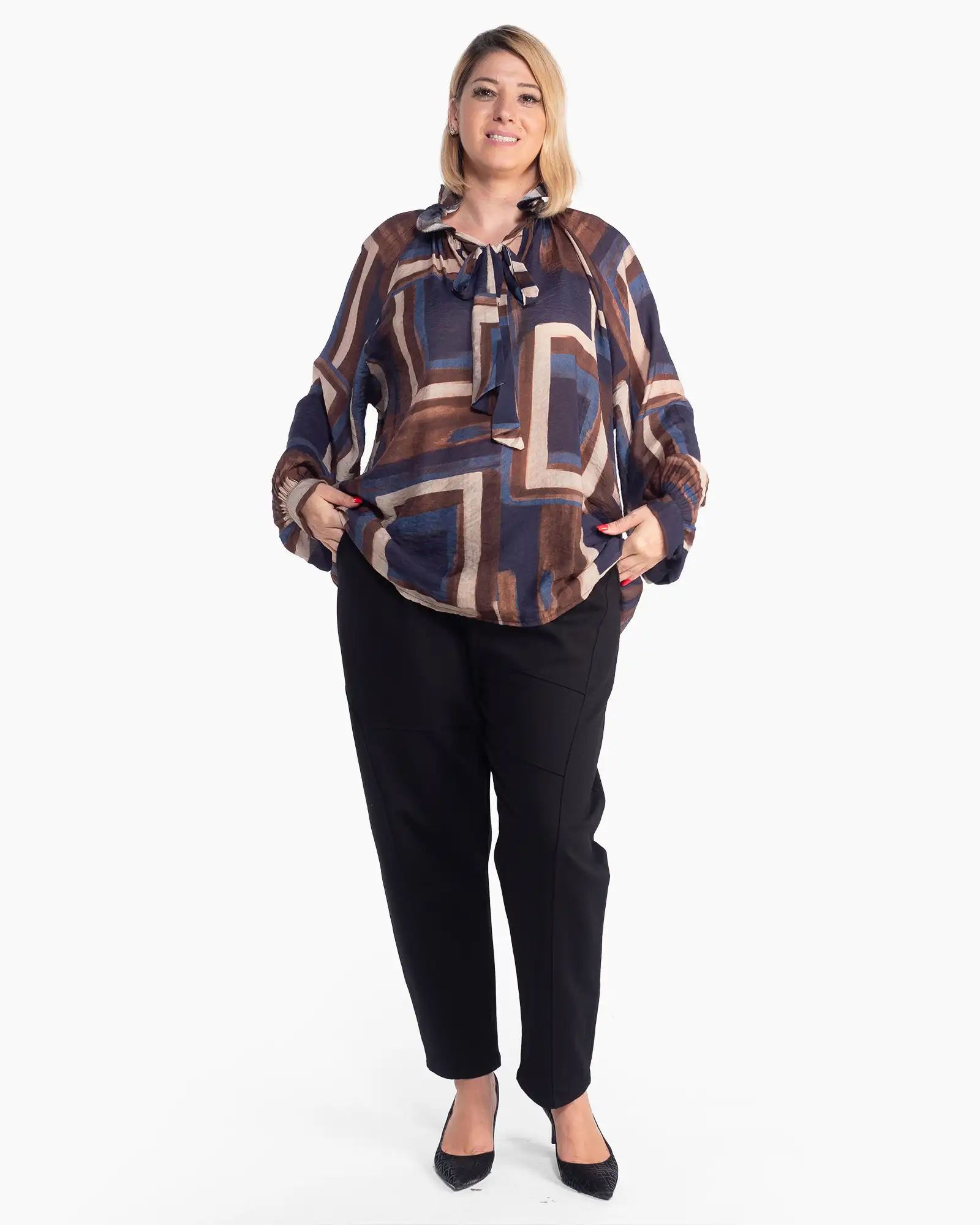 Bluză tunică bleumarin cu volane și imprimeu geometric boho [3]