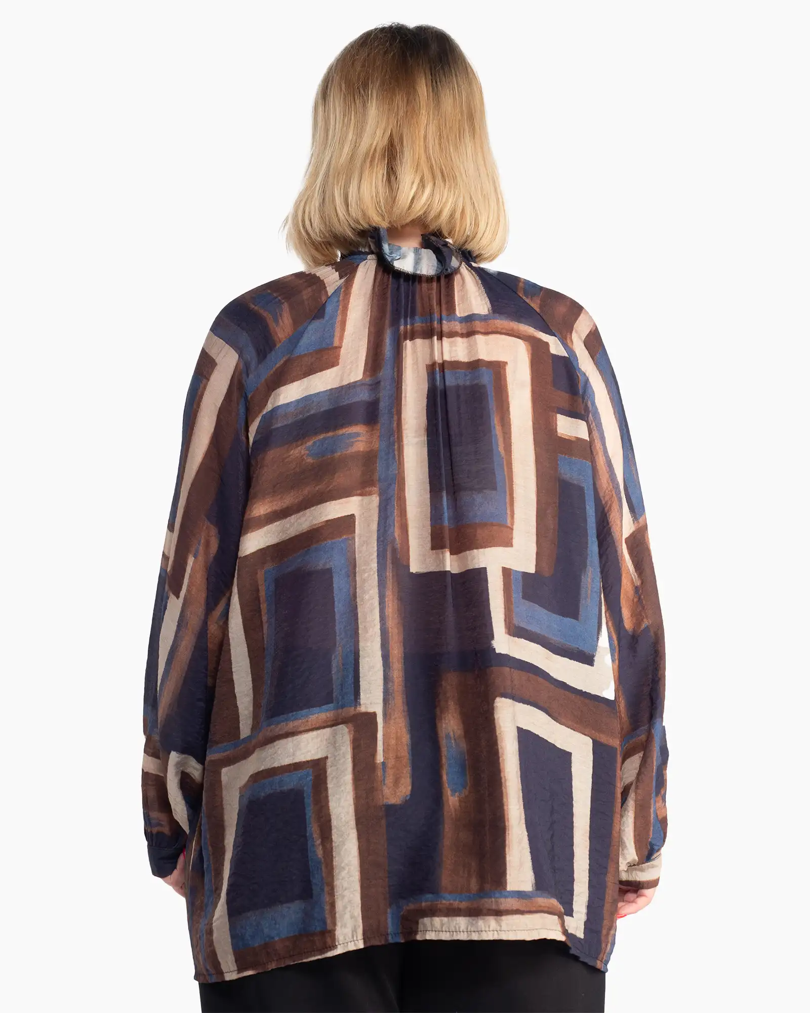 Bluză tunică bleumarin cu volane și imprimeu geometric boho [1]