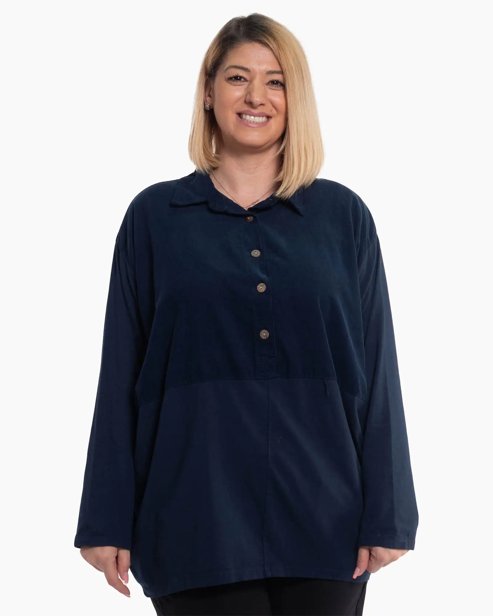 Bluze din Bumbac - Bluză tunică bleumarin fluidă cu inserții delicate de velur