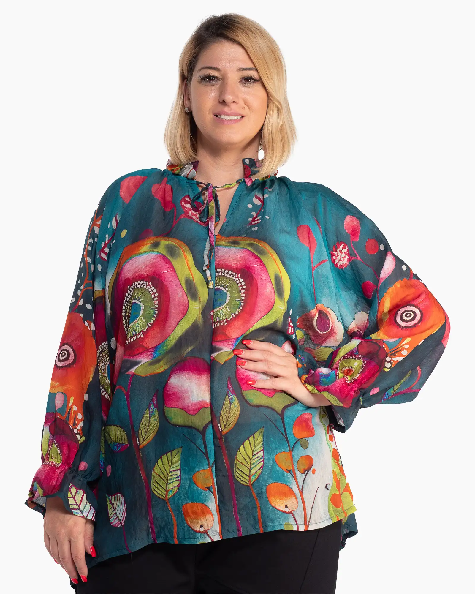 Produse noi - Bluză tunică turcoaz cu imprimeu artistic, linie fluidă și mâneci bufante