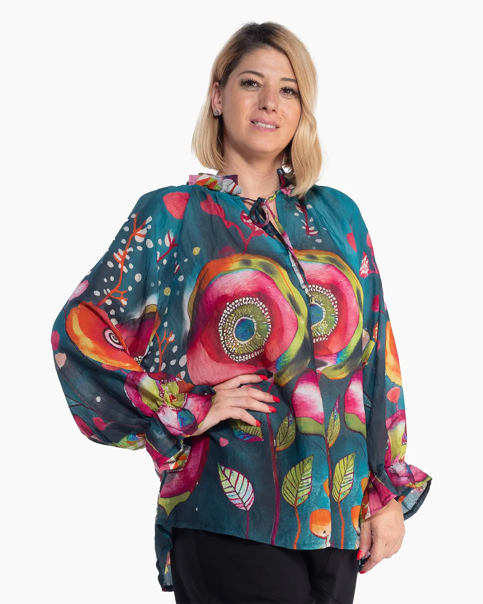Bluză tunică turcoaz cu imprimeu artistic, linie fluidă și mâneci bufante [2]