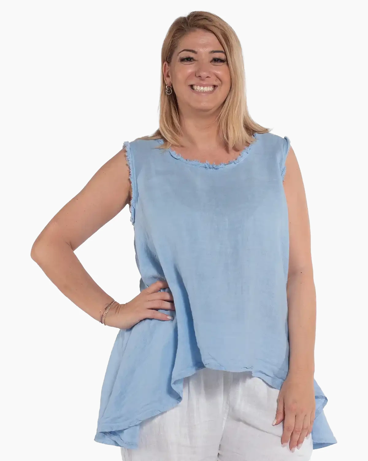 Bluze din In - Bluză vaporoasă bleu din in, cu design relaxat și franjuri