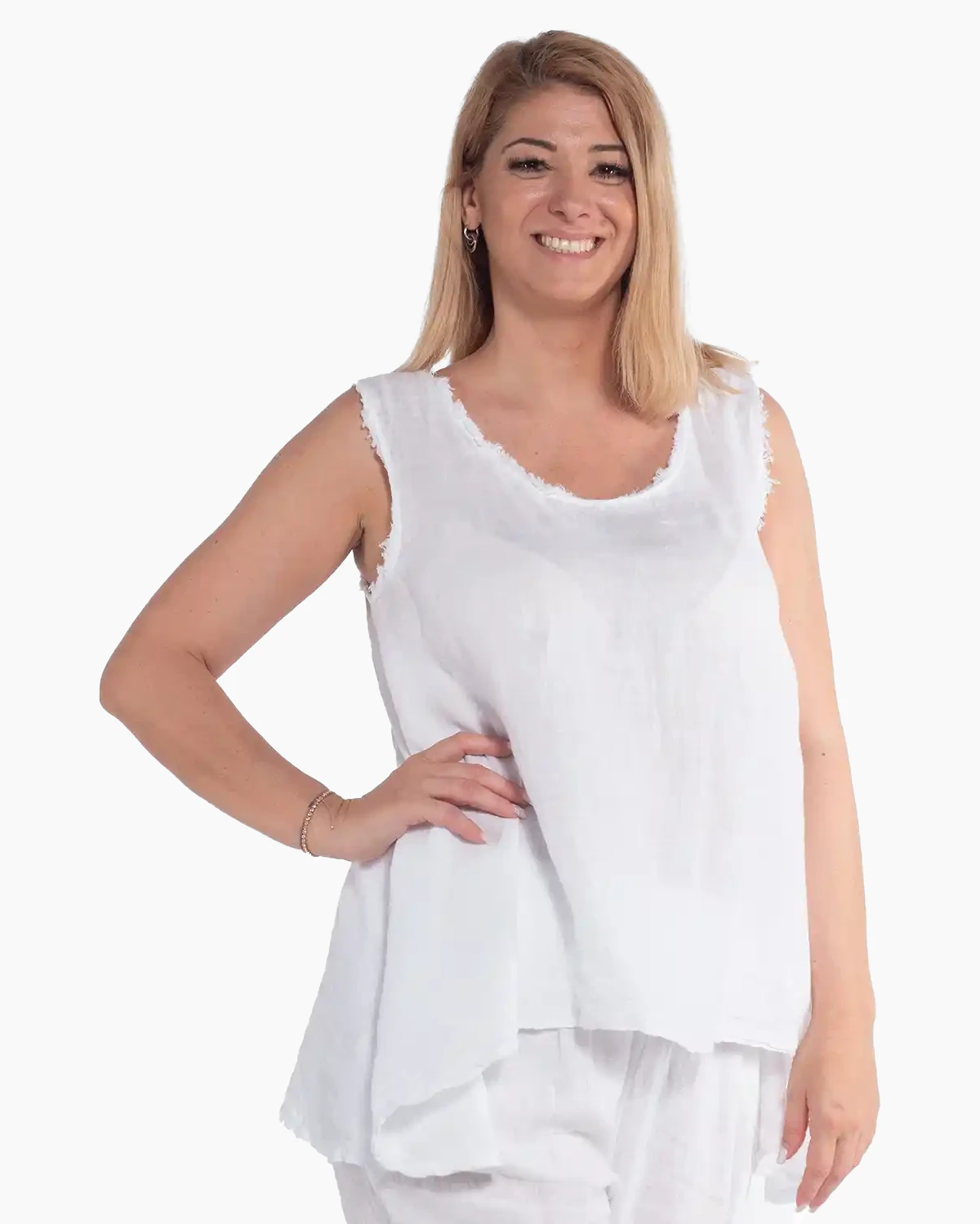 Bluze din In - Bluză vaporoasă din in alb pur, cu design relaxat și franjuri