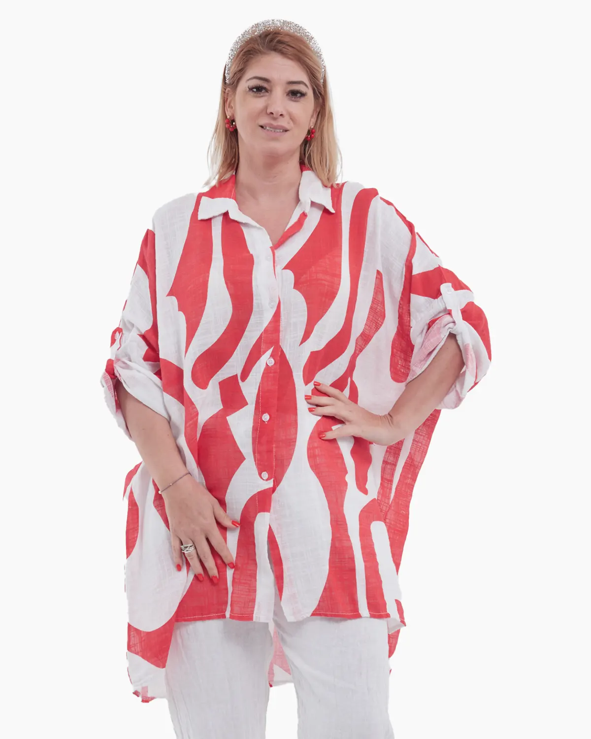 Bluze din Bumbac - Bluză vaporoasă din in alb cu imprimeu abstract albastru – croi lejer