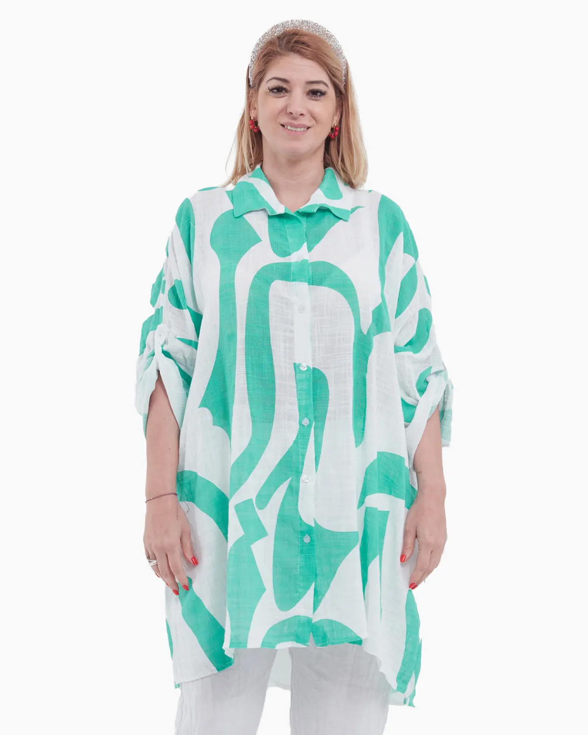Bluze din Bumbac - Bluză vaporoasă din in alb cu imprimeu abstract verde menta – croi lejer