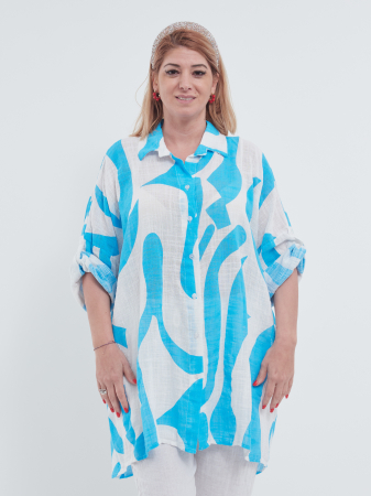 Bluze din Bumbac - Bluză vaporoasă din in alb cu imprimeu abstract albastru – croi lejer